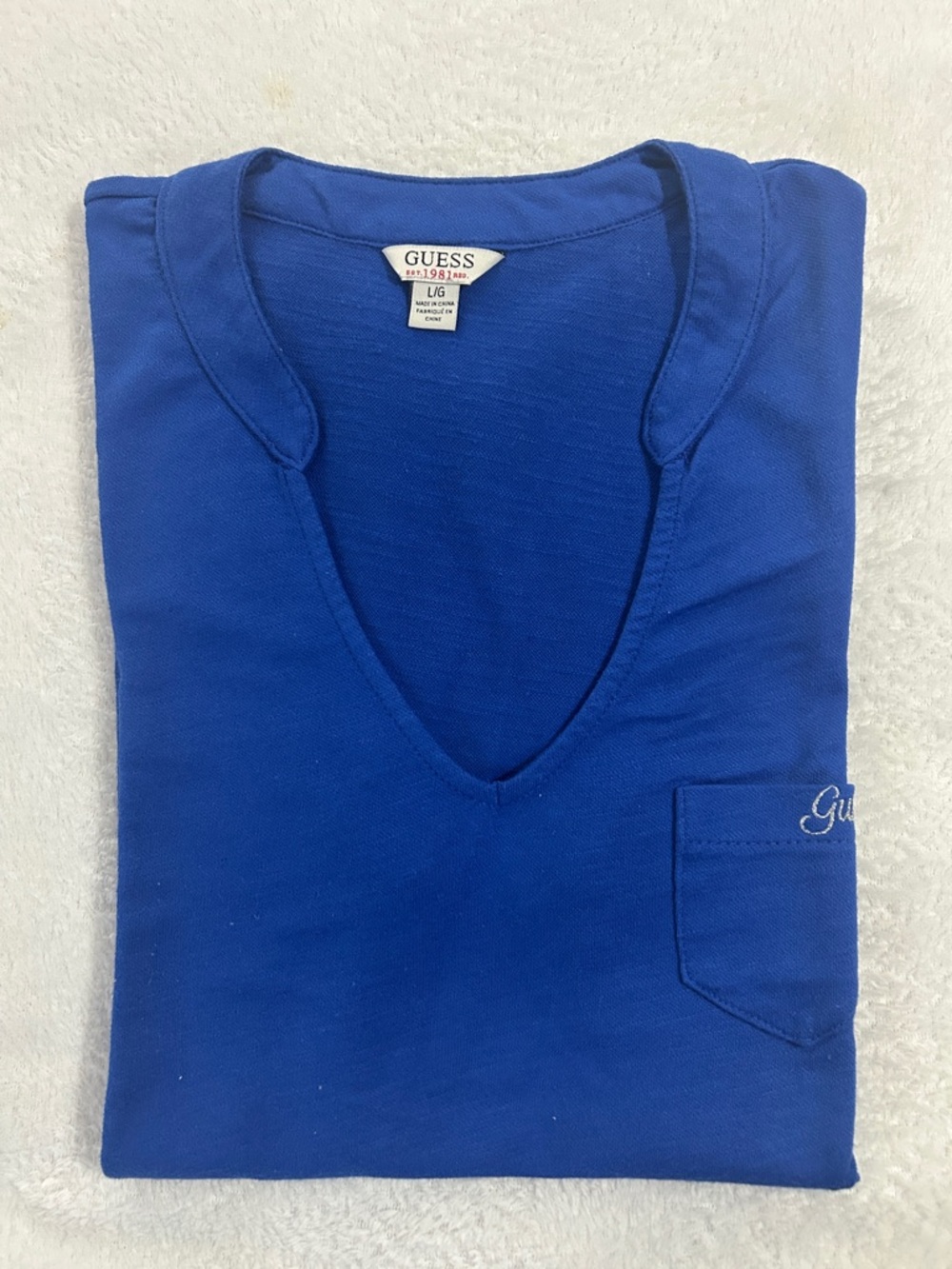 Guess Deep V-Neck Pocket Tee in Cobalt Blue